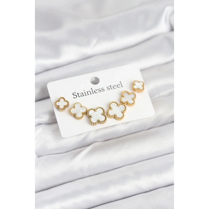 316L Çelik Gold Beyaz Renk 3 Boy Yonca Küpe Seti - TJ-BKP11237
