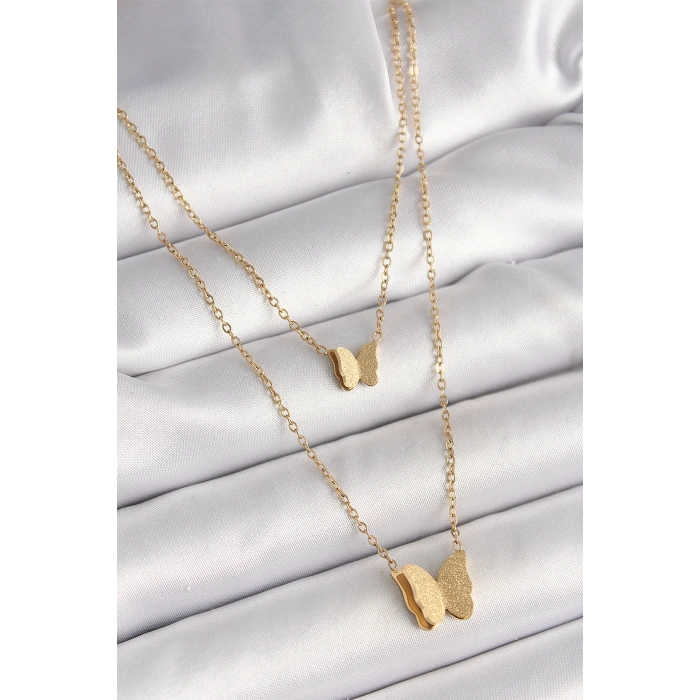316L Çelik Gold Renk 2Li Simli Kelebek Model Kadın Kolye - TJ-BKO9928