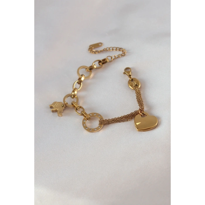 316L Çelik Gold Renk 2li Zincir Model Zirkon Taş Detay Kadın Bileklik - TJ-BB5457