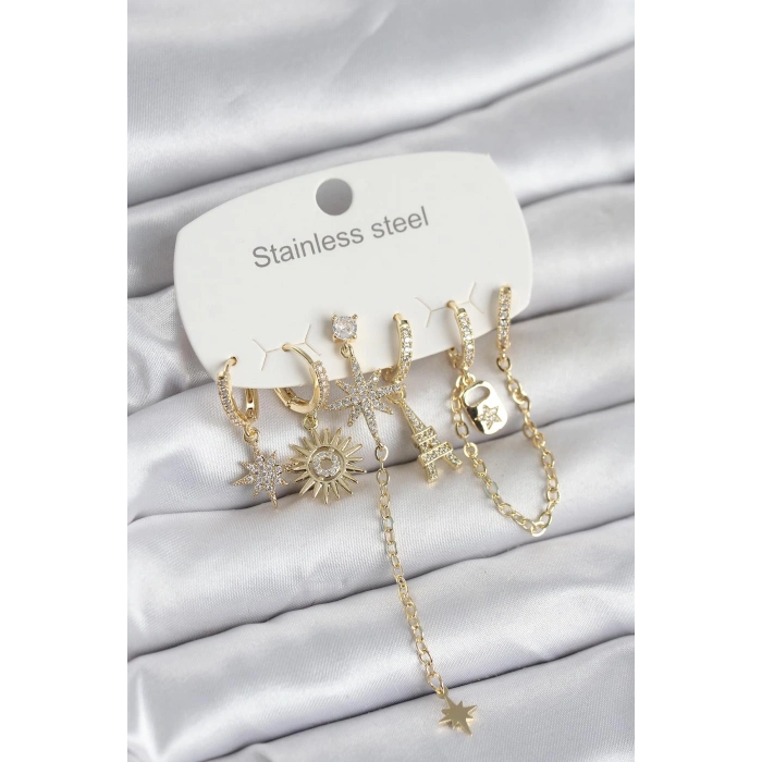 316L Çelik Gold Renk 6lı Set Charmlı Kadın Küpe - TJ-BKP11749
