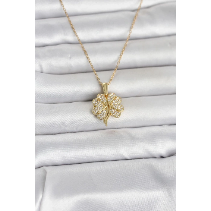 316L Çelik Gold Renk Açılabilir Yonca Model Zirkon Taşlı Kadın Kolye - TJ-BKO11048