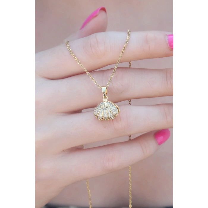 316L Çelik Gold Renk Açılır Midye Model Kadın Kolye - TJ-BKO7390