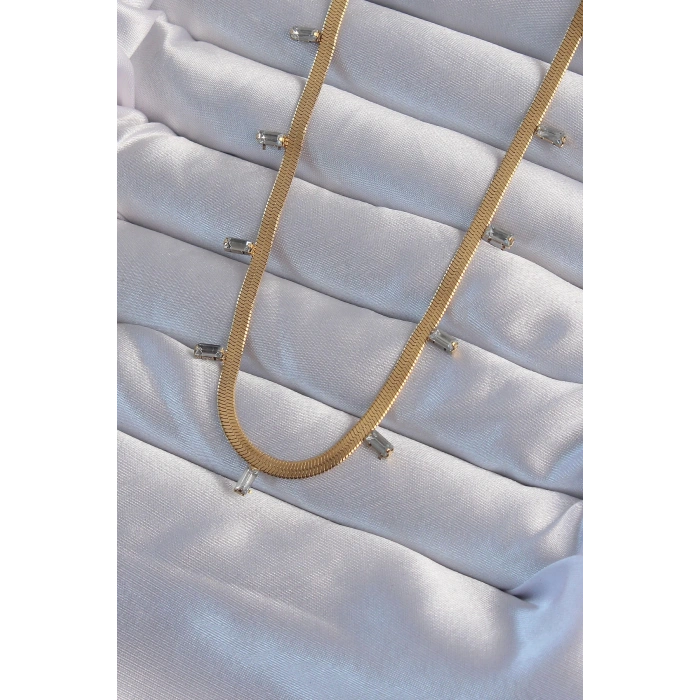 316L Çelik Gold Renk Baget Taşlı İtalyan Zincir Kolye - TJ-BKO8994