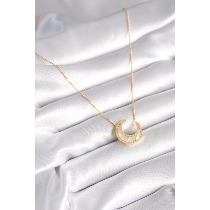 316L Çelik Gold Renk Beyaz Sedefli Hilal Model Kadın Kolye - TJ-BKO8362