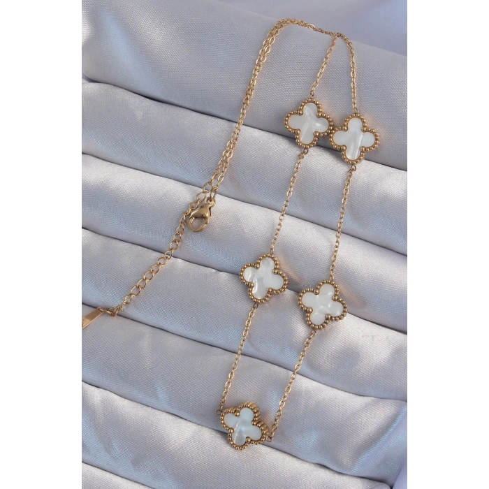 316L Çelik Gold Renk Beyaz Sedefli Yonca Kolye - TJ-BKO8996