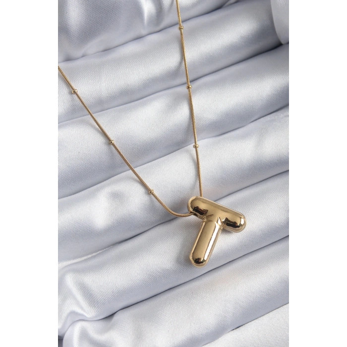316L Çelik Gold Renk Bubble T Harf Model Kadın Kolye - TJ-BKO7955