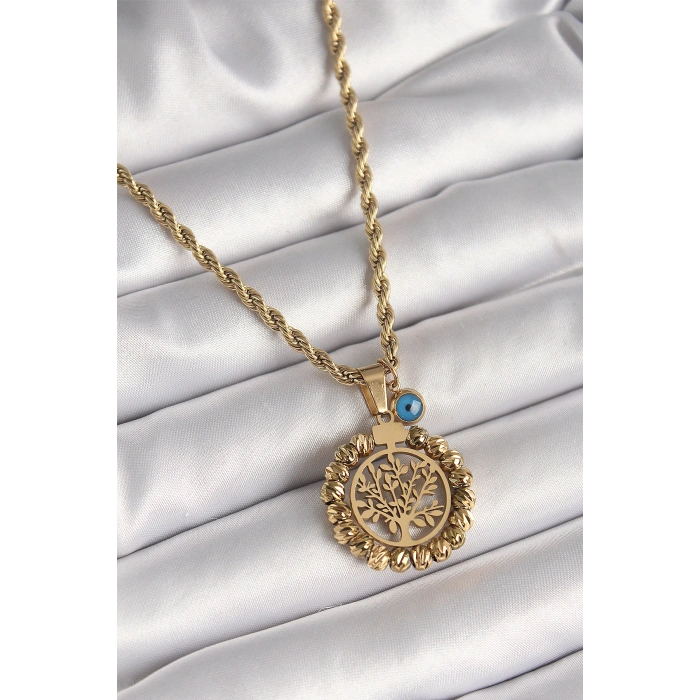 316L Çelik Gold Renk Burgu Zincir Dorika Yaşam Ağacı Figür Nazar Boncuk Detay Kadın Kolye - TJ-BKO9874