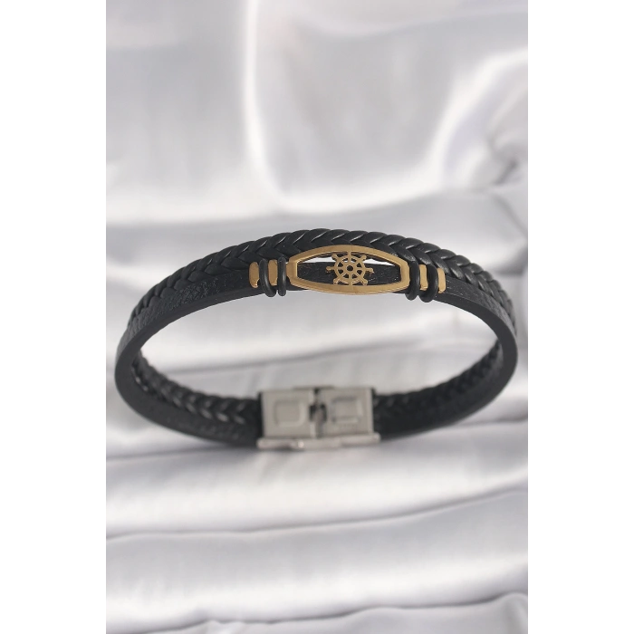 316L Çelik Gold Renk Gemi Dümen Figür Siyah Renk Çift Sıra Burgu Desenli Deri Kordon Erkek Bileklik - TJ-EB3706