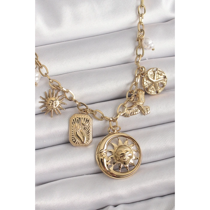 316L Çelik Gold Renk Halka Zincir Sallantı Ay Güneş Figür Kuş Detay Kadın Kolye - TJ-BKO9850