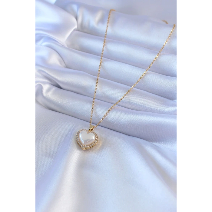 316L Çelik Gold Renk İncili Kalp Model Zirkon Taşlı Kadın Kolye - TJ-BKO7566