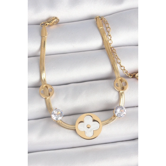 316L Çelik Gold Renk İtalyan Zincir Beyaz Mineli Yonca Model Zirkon Taş Detaylı Kadın Bileklik - TJ-BB6954