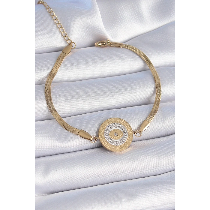 316L Çelik Gold Renk İtalyan Zincir Zirkon Taşlı Göz İşlemeli Madalyon Model Kadın Bileklik - TJ-BB6445