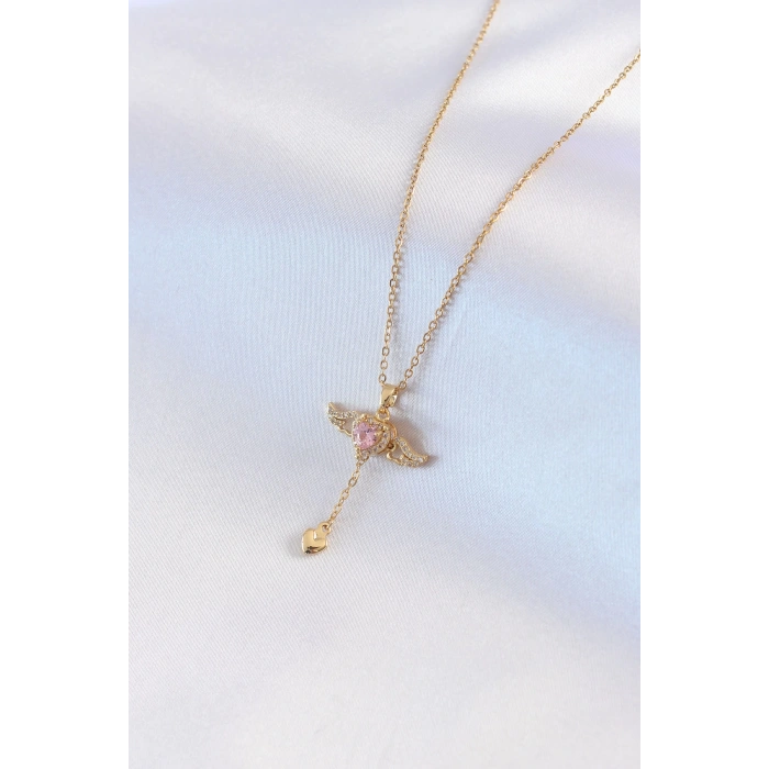 316L Çelik Gold Renk Kanatlı Kalp Model Zirkon Taş Detay Kadın Kolye - TJ-BKO7411