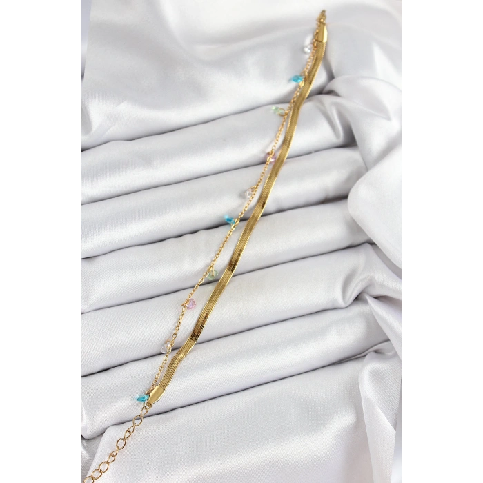 316L Çelik Gold Renk Karışık Renkli Kristal Taşlı 2li Kadın Bileklik - TJ-BB7093