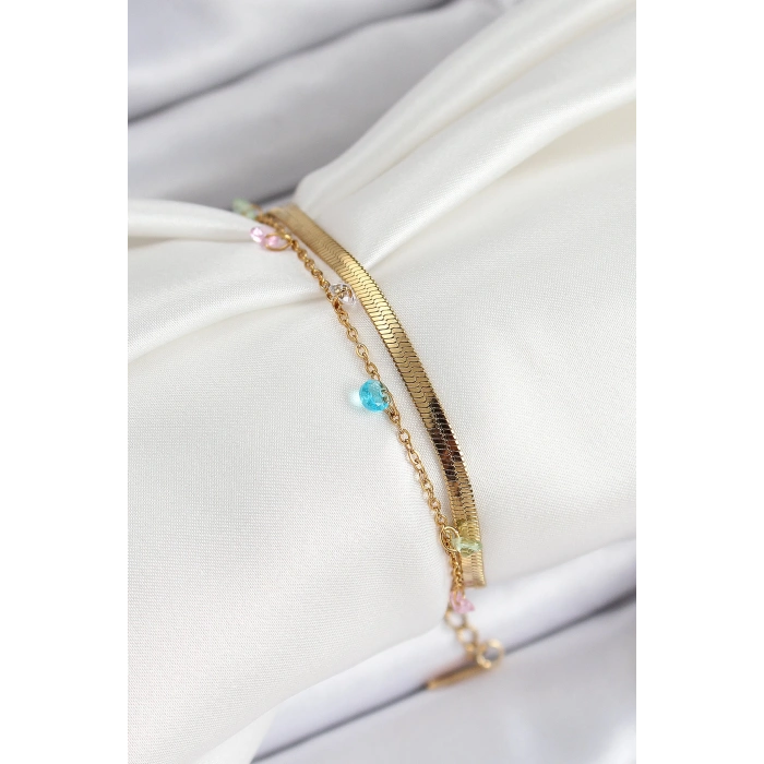 316L Çelik Gold Renk Karışık Renkli Kristal Taşlı 2li Kadın Bileklik - TJ-BB7093