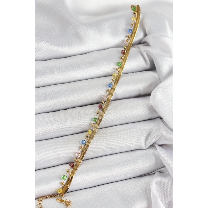 316L Çelik Gold Renk Karışık Renkli Kristal Taşlı Kadın Bileklik - TJ-BB7090
