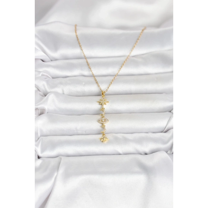 316L Çelik Gold Renk Kutup Yıldızı Y Model Zirkon Taşlı Kadın Kolye - TJ-BKO11049
