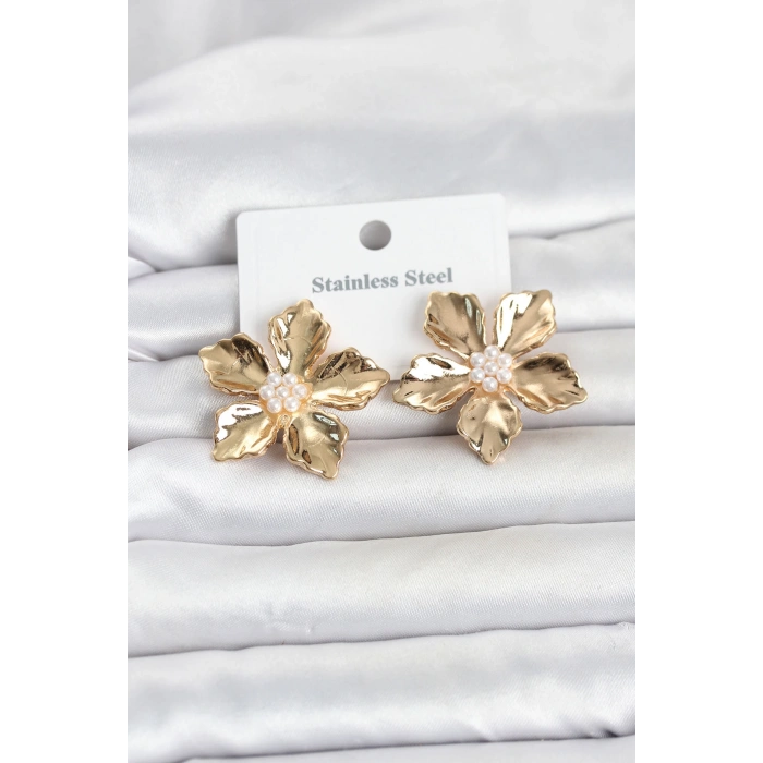 316L Çelik Gold Renk Lotus Çiçek Model Kadın Küpe TJ-BKP11810