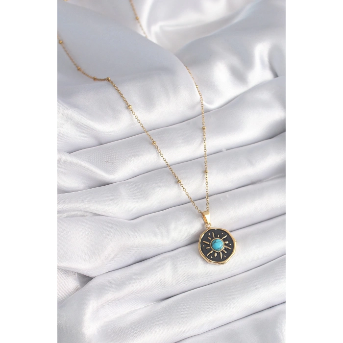 316L Çelik Gold Renk Mavi Boncuk Güneş İşleme Madalyon Model Kadın Kolye - TJ-BKO9524