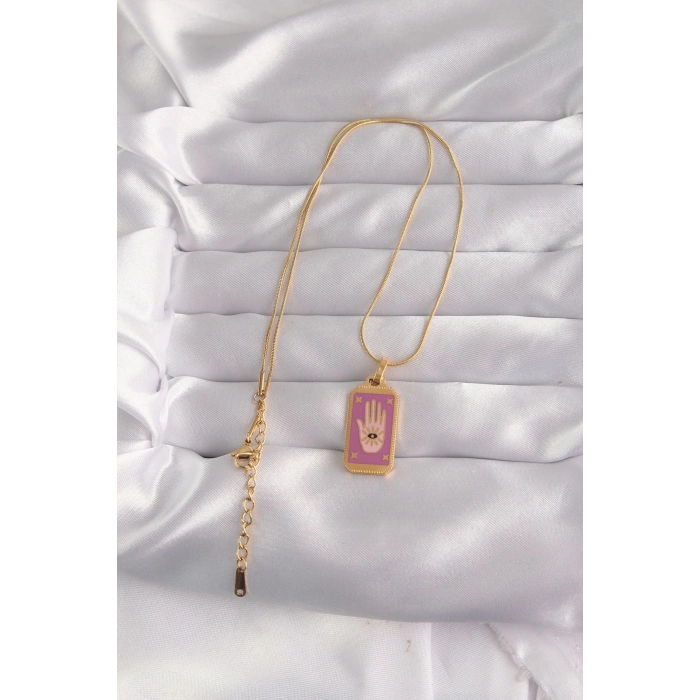 316L Çelik Gold Renk Mor Mineli El Figür Tarot Kolye - TJ-BKO9034