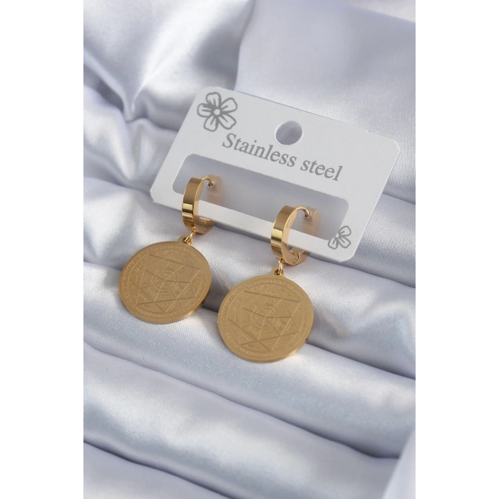 316L Çelik Gold Renk Pentagram İşleme Model Kadın Küpe - TJ-BKP7979
