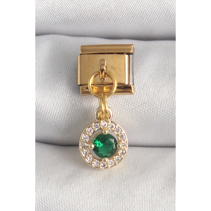 316L Çelik Gold Renk Sallantı Yeşil Zirkon Taşlı Nomination Charm - TJ-BC1344
