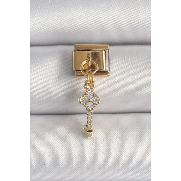 316L Çelik Gold Renk Sallantı Zirkon Taşlı Anahtar Model Nomination Charm - TJ-BC1338