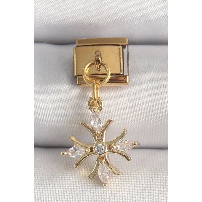 316L Çelik Gold Renk Sallantı Zirkon Taşlı Kar Tanesi Model Nomination Charm - TJ-BC1341
