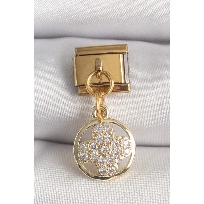 316L Çelik Gold Renk Sallantı Zirkon Taşlı Yonca Model Nomination Charm - TJ-BC1340