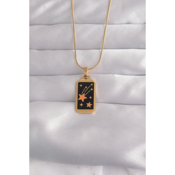 316L Çelik Gold Renk Siyah Mineli Yıldız Figür Tarot Kolye TJ-BKO9028