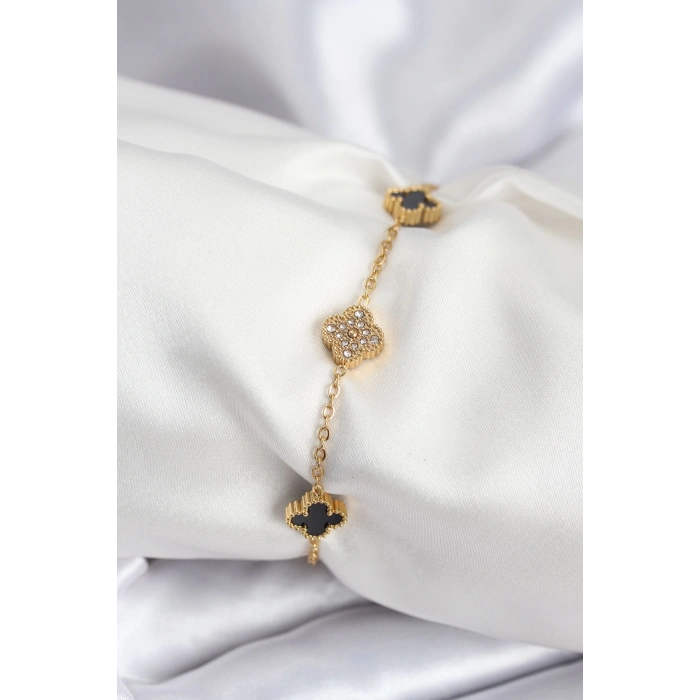 316L Çelik Gold Renk Siyah ve Zirkon Taşlı Baby Boy Yonca Kadın Bileklik - TJ-BB7953