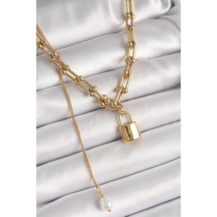 316L Çelik Gold Renk Tiffany Zincir Model Kilit Figür Sallantı İnci Detay Kadın Kolye - TJ-BKO9938