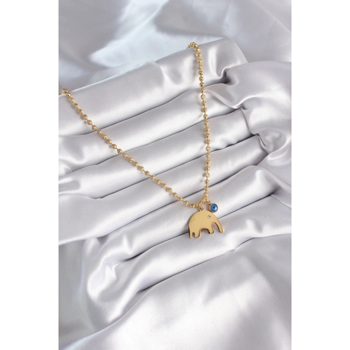 316L Çelik Gold Renk Top Zincir Model Fil Figür Nazar Boncuk Detay Kadın Kolye - TJ-BKO8342