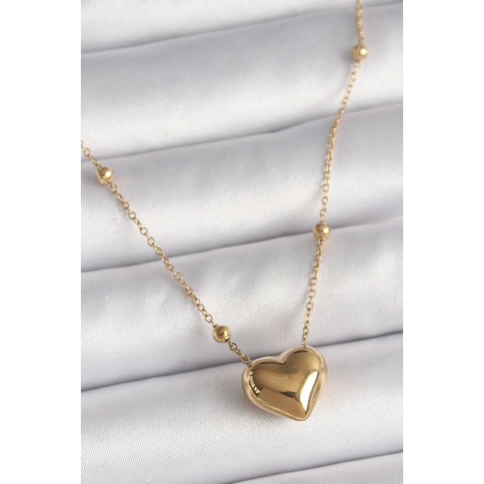 316L Çelik Gold Renk Topçuk Detaylı Zincir Kalp Model Kadın Kolye - TJ-BKO9772