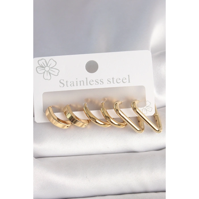316L Çelik Gold Renk Üçgen Halka Model Kadın Küpe Seti - TJ-BKP10390