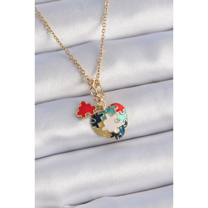 316L Çelik Gold Renk Yapboz Motif Kalp Figür Charm Model Kadın Kolye - TJ-BKO9316