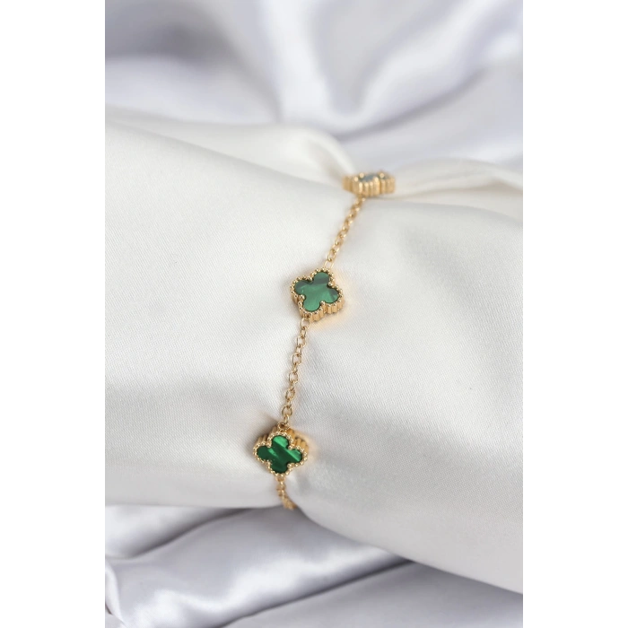 316L Çelik Gold Renk Yeşil Baby Boy Yonca Kadın Bileklik - TJ-BB7944