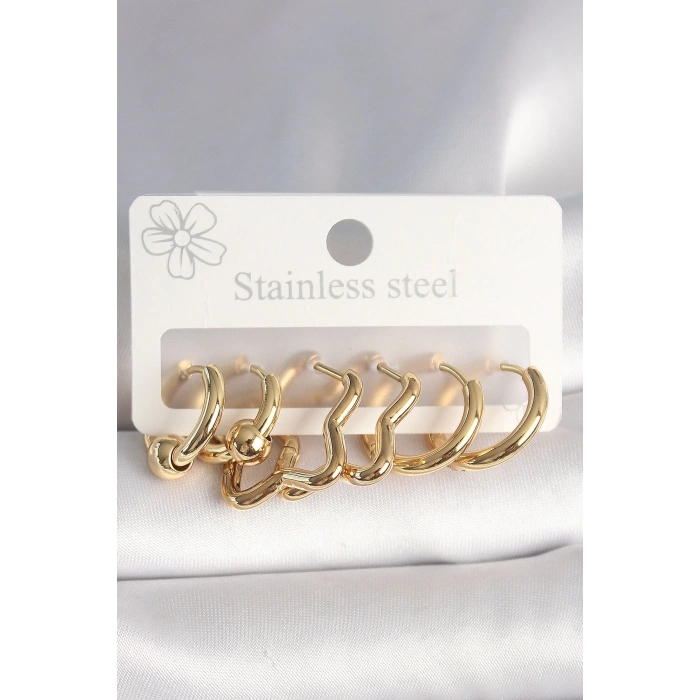 316L Çelik Gold Renk Yıldız Halka Model Kadın Küpe Seti - TJ-BKP10388
