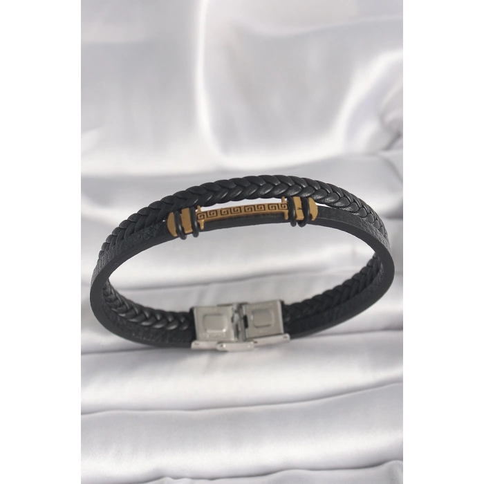 316L Çelik Gold Renk ZikZak İşlemeli Aksesuarlı Çift Sıra Burgu Desenli Deri Kordon Erkek Bileklik - TJ-EB3705