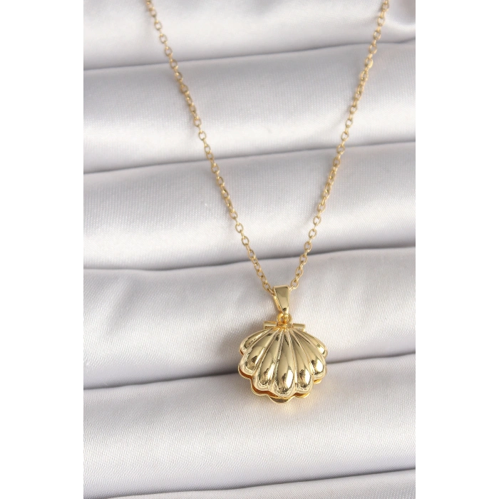 316L Çelik Gold Renk Zincir Açılır İncili Midye Model Kadın Kolye - TJ-BKO9994