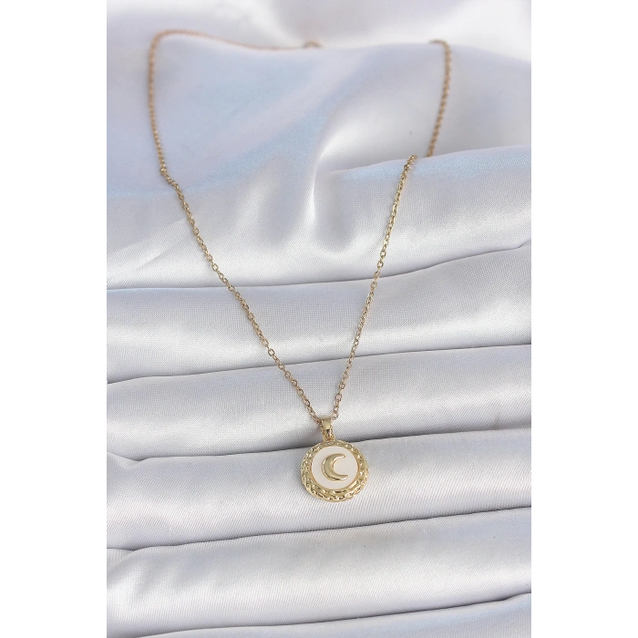 316L Çelik Gold Renk Zincir Beyaz Mineli Hilal İşlemeli Madalyon Model Kadın Kolye - TJ-BKO10035