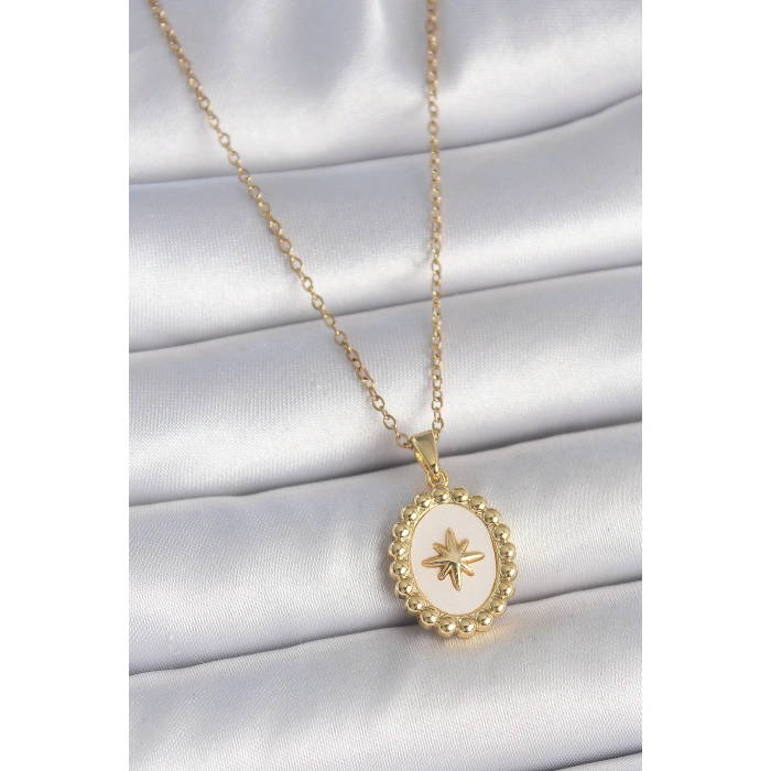 316L Çelik Gold Renk Zincir Beyaz Mineli Kutup Yıldız İşlemeli Madalyon Model Kadın Kolye - TJ-BKO10063