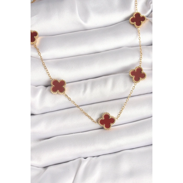 316L Çelik Gold Renk Zincir Bordo Yonca Model Kadın Kolye - TJ-BKO9926