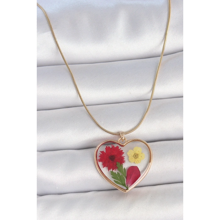 316L Çelik Gold Renk Zincir Epokis Kalp Doğal Çiçek Model Kadın Kolye - TJ-BKO10068