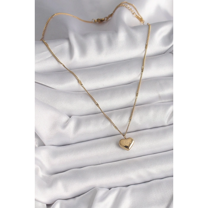316L Çelik Gold Renk Zincir Love İşlemeli Kalp Figür Kadın Kolye - TJ-BKO9778