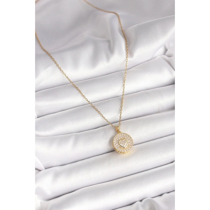 316L Çelik Gold Renk Zincir Madalyon Zirkon Taşlı Kalp Model Kadın Kolye - TJ-BKO9946