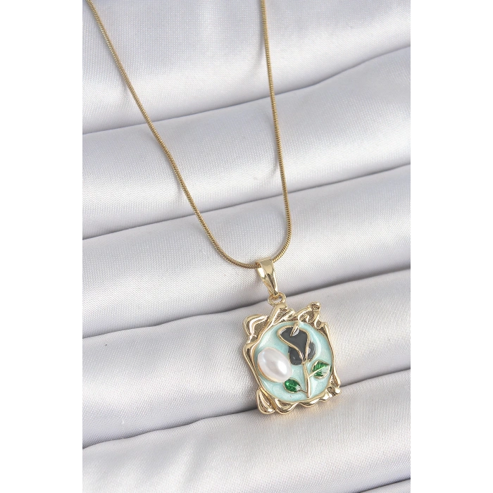 316L Çelik Gold Renk Zincir Mavi Mineli Çiçek İşlemeli İnci Detay Portre Model Kadın Kolye - TJ-BKO10186