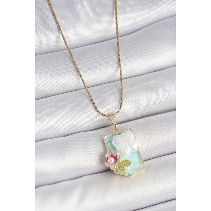 316L Çelik Gold Renk Zincir Mavi Mineli İncili Çiçek İşlemeli Portre Model Kadın Kolye - TJ-BKO10187