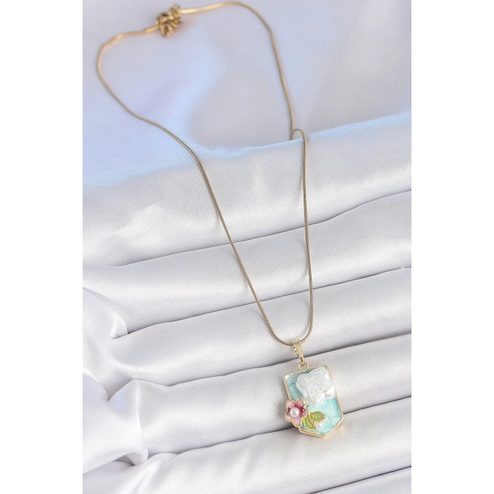 316L Çelik Gold Renk Zincir Mavi Mineli İncili Çiçek İşlemeli Portre Model Kadın Kolye - TJ-BKO10187