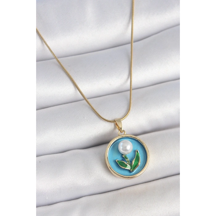 316L Çelik Gold Renk Zincir Mavi Mineli İncili Çiçek İşlemeli Portre Model Kadın Kolye - TJ-BKO10168